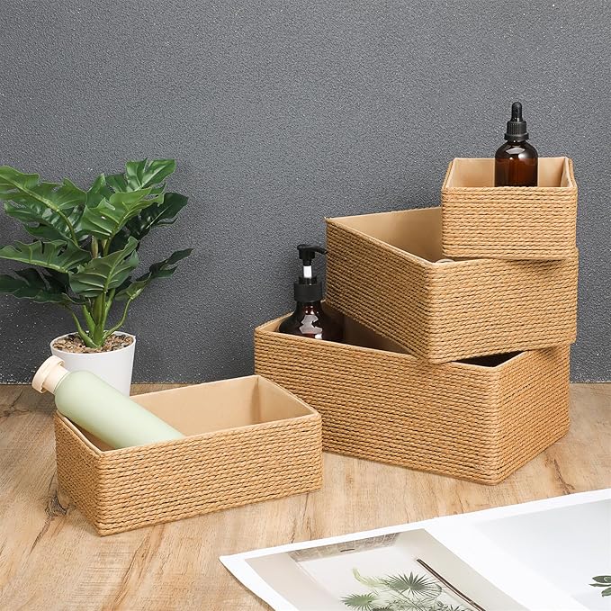 4 Set Wicker Storage Basket Hand Woven Paper Rope Storage Baskets Decorative Fruit Basket Stackable Wicker Baskets for Shelves Drawer Cupboards Organizing