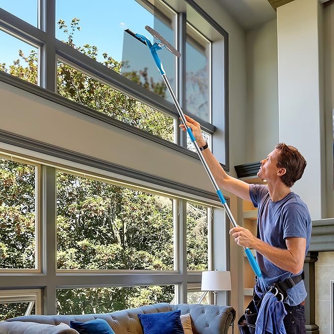 SCRUBIT Extendable Squeegee Window Cleaner- Window Cleaning Tool with Microfiber Scrubber & Spray Head - 58" Long Extension Pole for High Windows and Outdoor Glass Washing - Shower Cleaning Kit