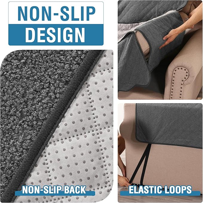 H.VERSAILTEX Waterproof Quilted Couch Covers Non Slip Sofa Covers Protector Slipcovers for Dogs Couch Covers for 2 Cushion Couch Sofa Pet Furniture Protector Modern Fleece Fabric (Loveseat,Charcoal)