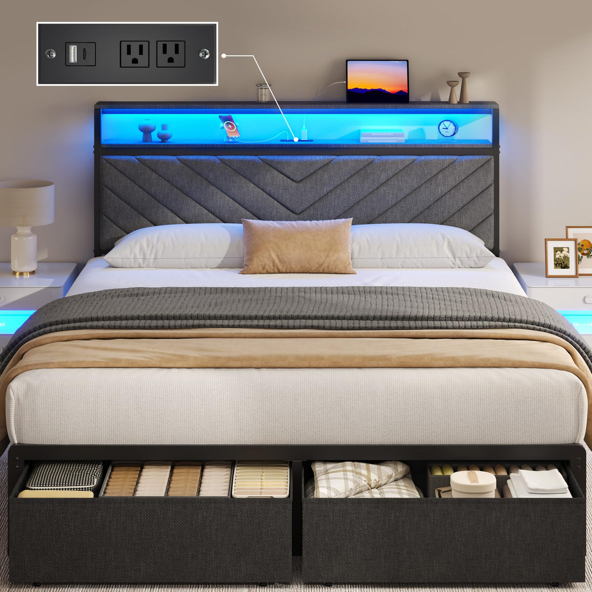 Queen Bed Frame with 2 Drawers, Upholstered Headboard - Image 1