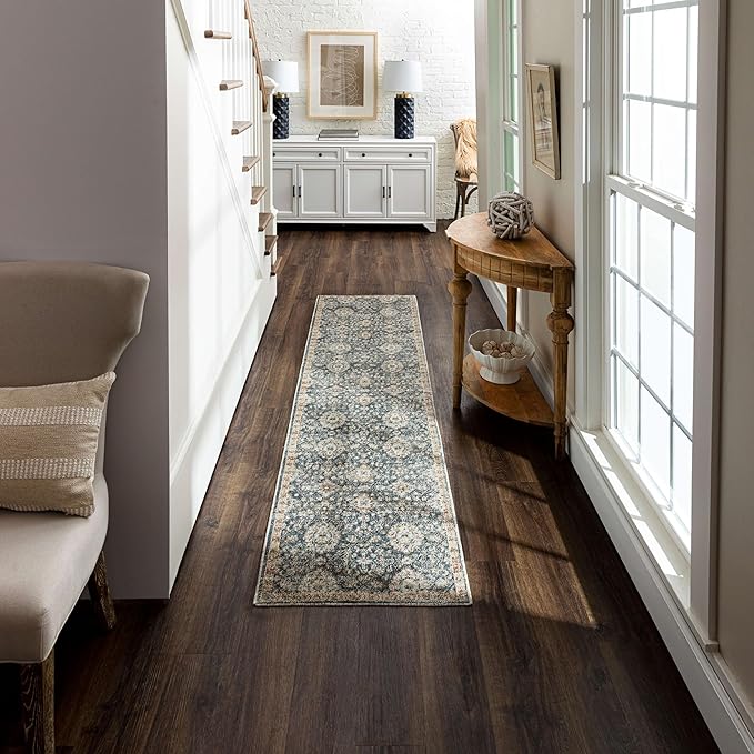Mohawk Home Garrett Floral Ornamental Denim Blue 2' x 8' Area Rug Perfect for Living Room, Dining Room, Office