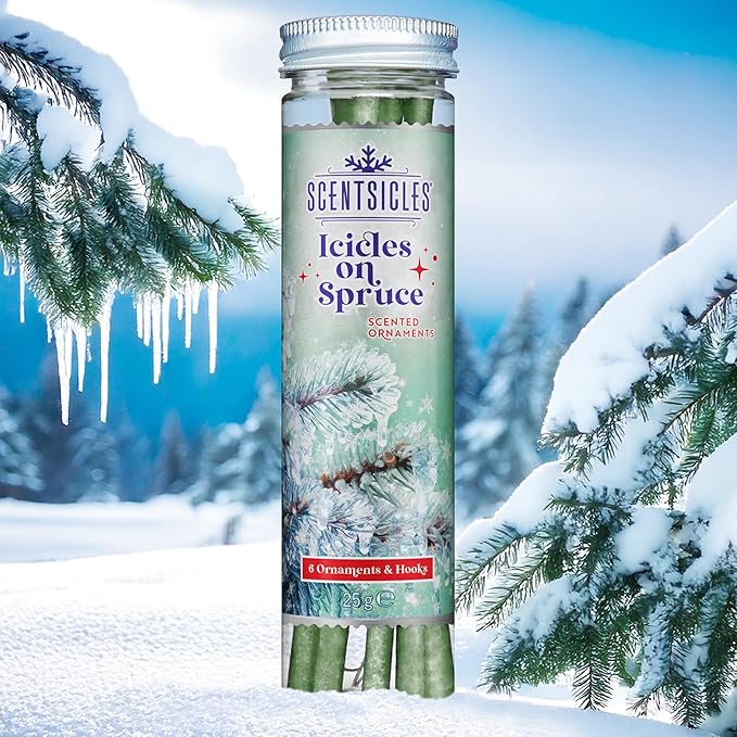 Scentsicles Icicles on Spruce Scented Christmas Ornament Sticks with 6 Hooks - 2 Bottles (12 Sticks Total)