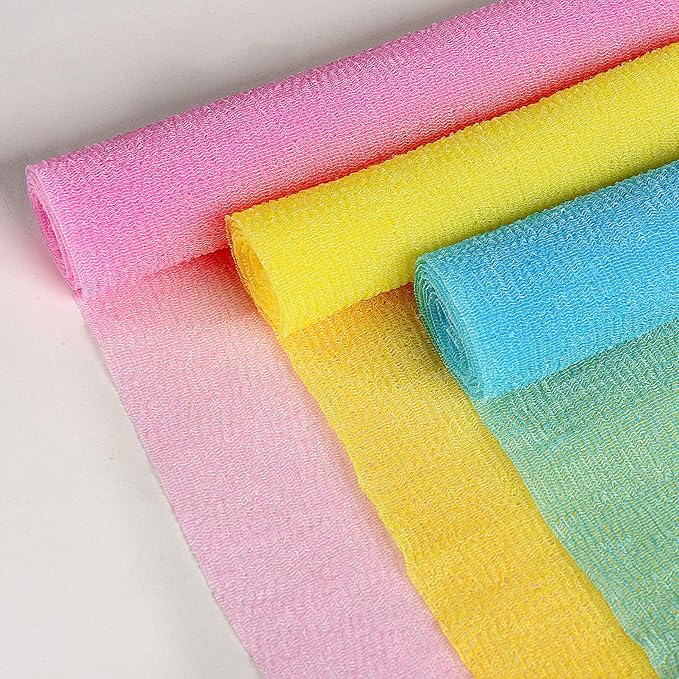ARCH&M 3 Pack Exfoliating Towel for Body, 35-Inch Korean & Japanese Style Washcloth for Shower, Deep Clean & Smooth Skin, Nylon Back Scrubber, More Hygienic Than Loofah (Orange Purple Navy-Blue)