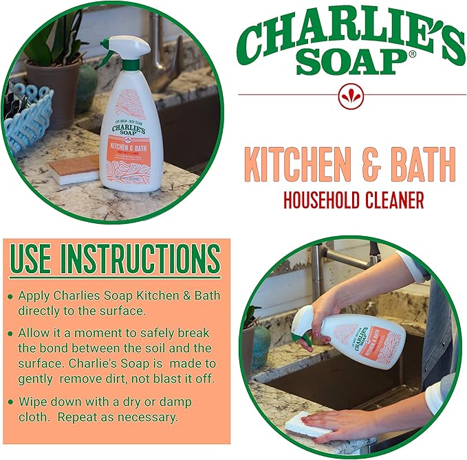 Charlie's Soap Kitchen & Bath Household Cleaner Spray (32 Fl. Oz., 2 Pack) Natural Kitchen and Bathroom Multi-Surface Cleaner – Non-Toxic and Biodegradable
