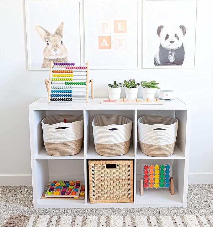 OrganiHaus Rope Baskets for Shelves - Set of 3 Woven Storage Baskets for Organizing, Closet & Toy Storage - Honey/Off-White - 15x9x10