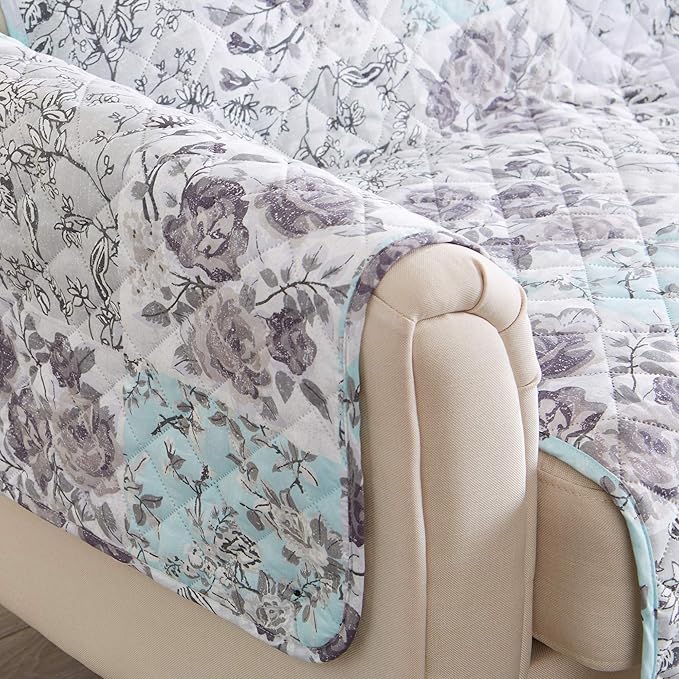 Great Bay Home Reversible Floral Patchwork Furniture Protector - Machine Washable, Scalloped Edge, Stain Resistant, Printed Furniture Cover for Dogs, Kids, and Pets (Chair, Gray/Aqua)