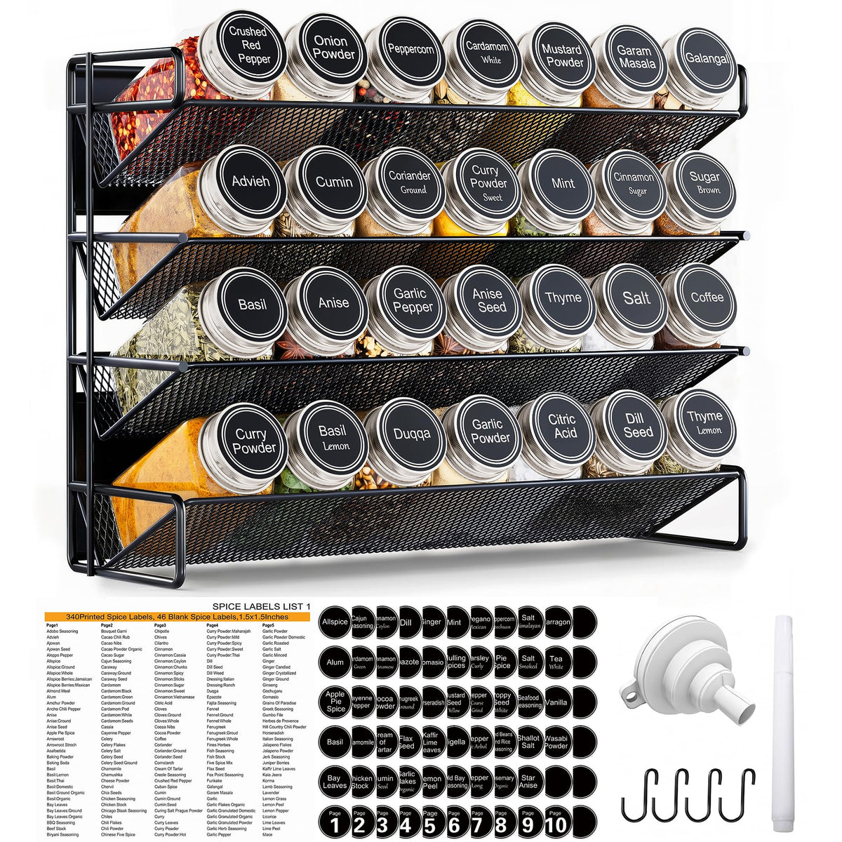 Spice Rack Organizer for Cabinet with 28 Spice Jars, 386 Labels - Image 1