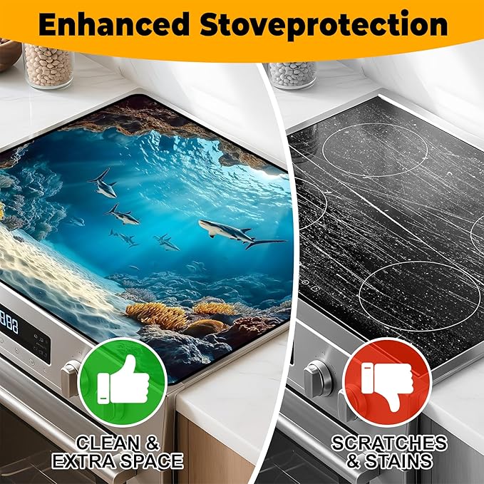 Underwater World Stove Top Cover Retro Flower Gas Stove Top Cover for Home Decoration Kitchen Pad Non-Stick Washable Cooktop Covers Countertop Protector Keep Stove Clean 28"x20"