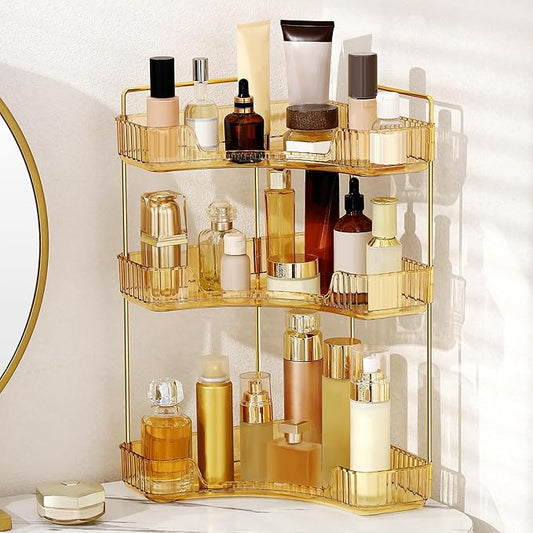 Corner Bathroom Counter Organizer Bathroom Countertop Shelf Makeup Organizer for Vanity Perfume Tray for Corner Storage (3 Tiers, Gold)