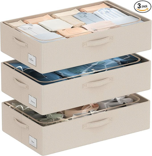 CYhom 3Pcs Under Bed Storage Bins with Metal Frame - Shoe Organizer for Closet with Clear Cover Oxford Fabric Sturdy Underbed Container Foldable Stackable Clothes Organizer (Beige, 23.5x15.7x6.3)
