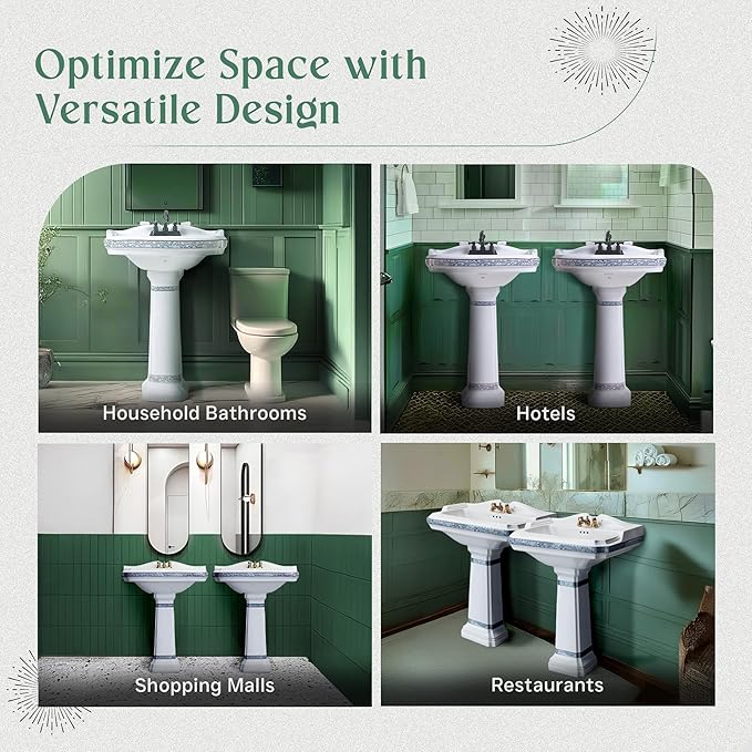 Renovators Supply Manufacturing 23" White Pedestal Bathroom Sink Heavy Duty Porcelain, Blue and Gold Decorative Accents, 4" Centerset Faucet Holes, High Backsplash and Overflow