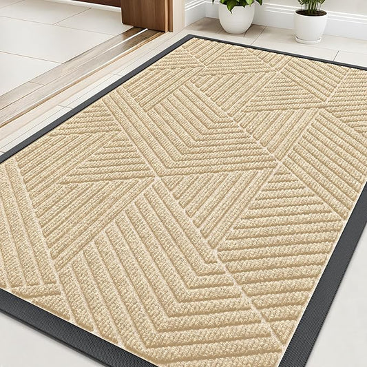 Kitinjoy Front Door Mat Outside Entrance, Sturdy Natural Dirt Trapper, Heavy Duty Rubber Doormat, Low Profile Non-Slip Backing, Easy Clean Floor Mat for Indoor Outdoor Entry, 29.5X17 Inch, Beige