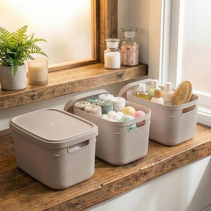 BINO | Plastic Storage Bins with Lids, 5.5 Liter - 3 Pack, Taupe | THE TWILL COLLECTION | Plastic Bins for Organization | Woven Storage Baskets for Organizing | Pantry Shelf Organizer Basket Bin