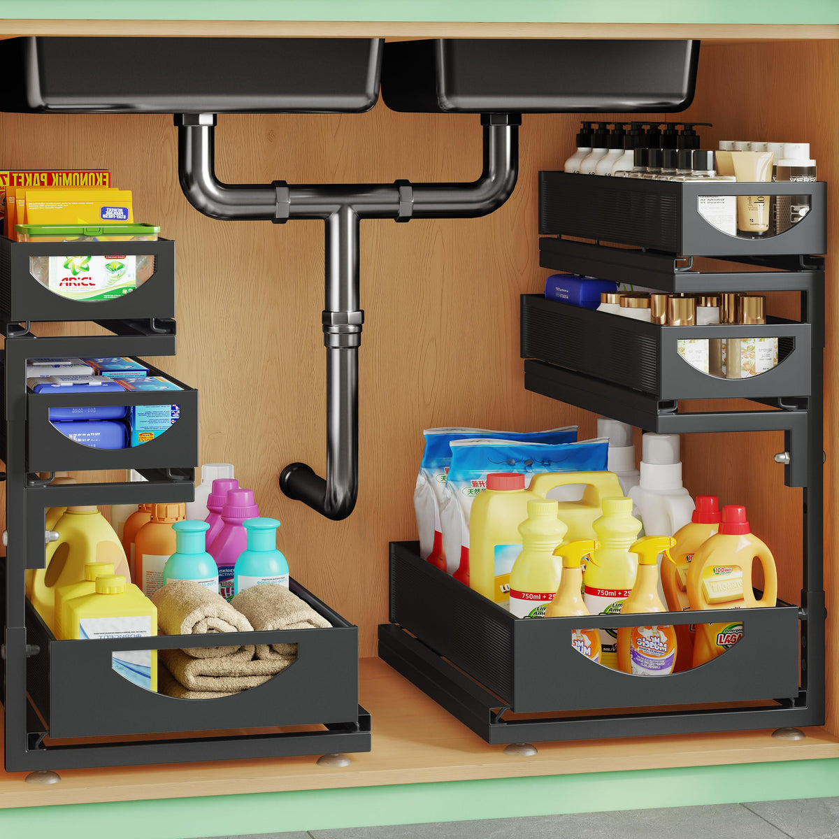 Under Sink Organizer, 2-Pack 3-Tier Pull Out Cabinet Organizers - Image 1