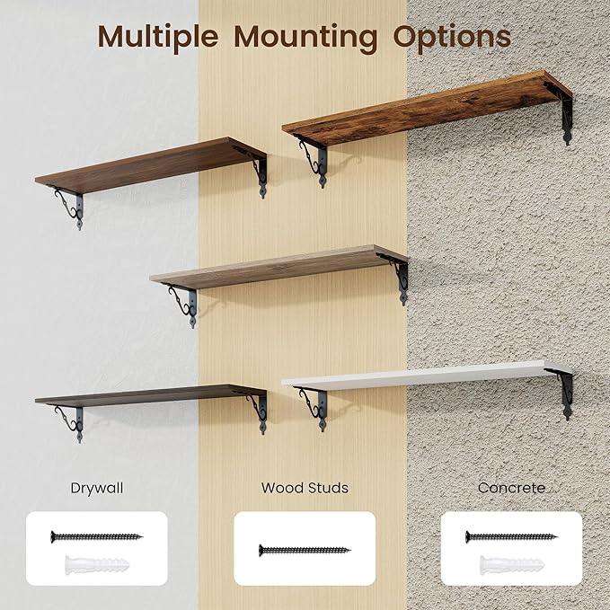 RICHFOCUS Floating Shelves for Wall Decor, 31.5W x 8D Shelves Set of 2, 8" Deep Rustic Wood Floating Shelves Wall Mounted with Metal Brackets, Shelves for Living Room Bedroom Kitchen, Black
