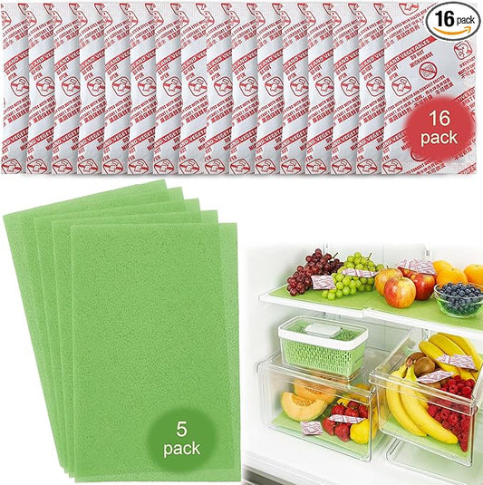 16 Pack Produce Saver Refill Kit with 5 Refrigerator Bin Liners, Carbon Filter Refills Ethylene Gas Absorber for Fruits Keeper & Crisper Inserts, Fridge Liners, Keep Produce Vegetable Fresh