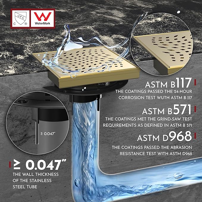 WEBANG 6 Inch Square Shower Drain Gold Floor Drain with Flange Wave-Hole Pattern Cover Grate Removable SUS304 Stainless Steel Watermark&CUPC Certified Brushed Gold