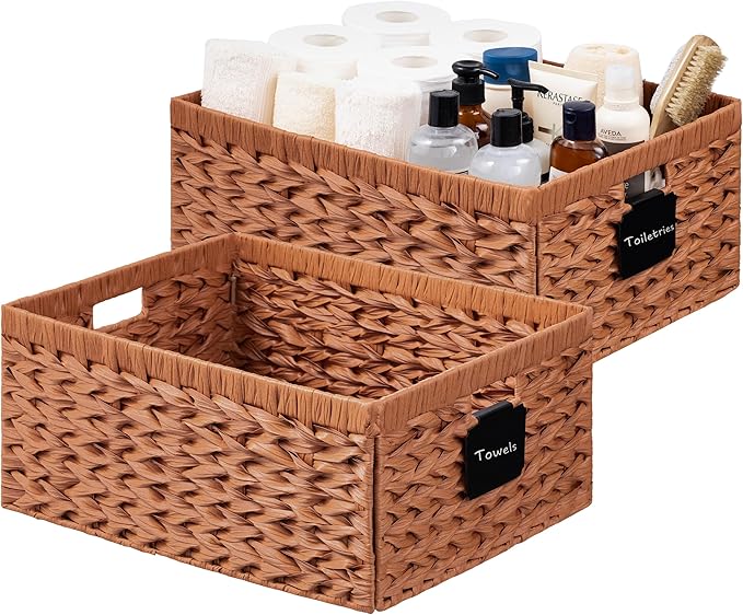 Storage Baskets with Label — Wicker Pantry Baskets for Shelves, Waterproof Woven Basket for Organizing, 2-Pack Plastic Rectangle Organizers with Handles, Light Brown (16.5L×13W×7.5H)