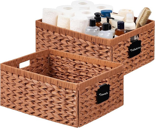 Storage Baskets with Label — Wicker Pantry Baskets for Shelves, Waterproof Woven Basket for Organizing, 2-Pack Plastic Rectangle Organizers with Handles, Light Brown (16.5L×13W×7.5H)