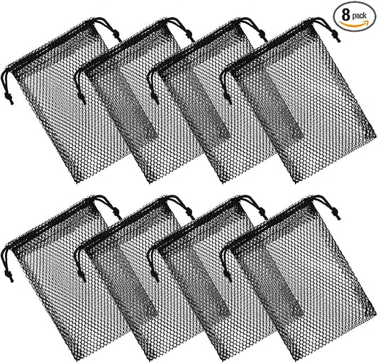 8 Pcs Mesh Bags, Small Mesh Bags Drawstring Rock Collecting Bag Black Drawstring Storage Bag Polyester Net Sack 6 X 4" Mini Net Sack for Traveling Portable Outdoor Activities