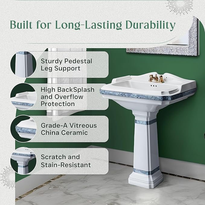 Renovators Supply Manufacturing 23" White Pedestal Bathroom Sink Heavy Duty Porcelain, Blue and Gold Decorative Accents, 4" Centerset Faucet Holes, High Backsplash and Overflow