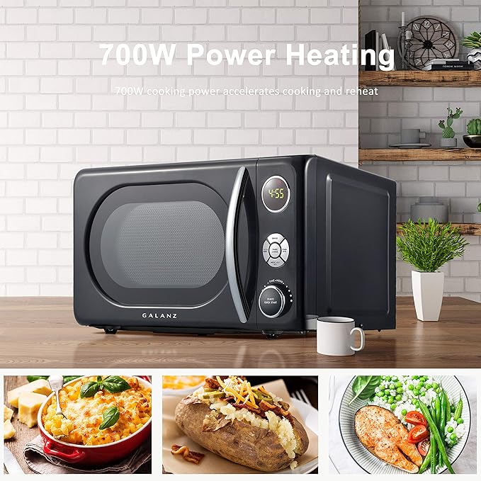 Galanz GLCMKA07BKR-07 Microwave Oven, LED Lighting, Pull Handle Design, Child Lock, Retro Black, 0.7 cu ft