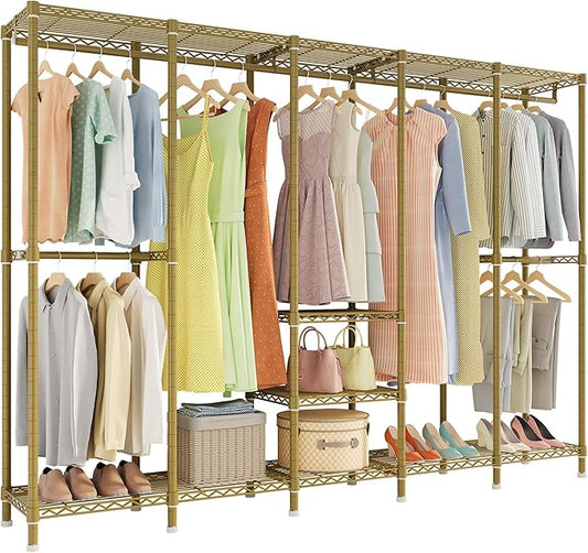 H5 Large Wire Garment Rack, Heavy Duty Clothes Racks, Wardrobe Closet Rack for Hanging Clothes, Freestanding Clothing Racks with Adjustable Shelf, 93.3" Wx15.7 Dx75.4 H, Gold, Load 1400 lbs