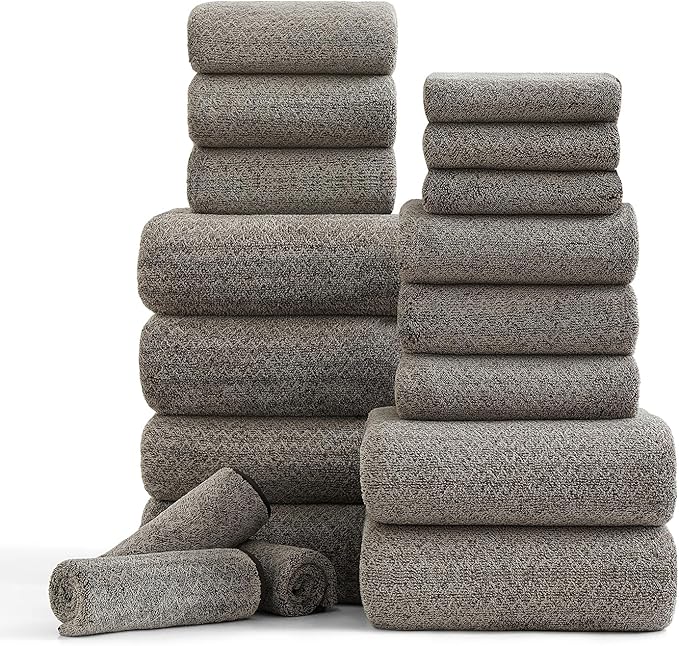 Ycosy 18 Piece Bath Towels Set,100% Microfiber Family Bathroom Towel with Hanging Loops-6 Bath Towels,6 Hand Towels,6 Washcloths,Quick Dry Highly Absorbent Shower Towel for Bathroom,Hotel,Spa-Brown