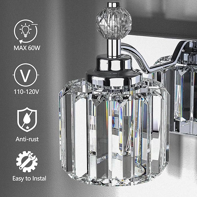 4-Light Bathroom Vanity Light - Crystal Bathroom Lighting Fixtures Over Mirror with 60w(Max) E12 Base, 56pcs Crystal Sheet, Chrome Vanity Lights for Bath Room