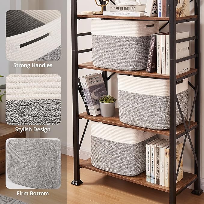 OIAHOMY 13 Kallax Inch Cube Storage Bins, 3-Pack Cotton Rope Woven Baskets for Organizing, Kallax Insert Storage Baskets for Shelves, Baby Nursery, Closet Organizer, 15 * 13 * 12.6IN, Grey & White