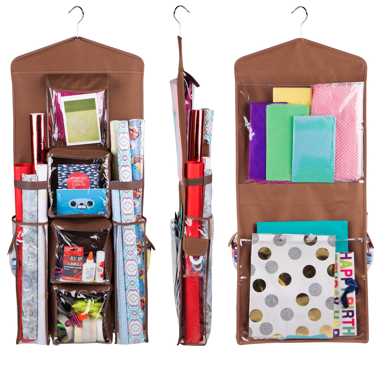 Double-Sided Hanging Gift Bag and Gift Wrap Organizer (Brown) - Image 1