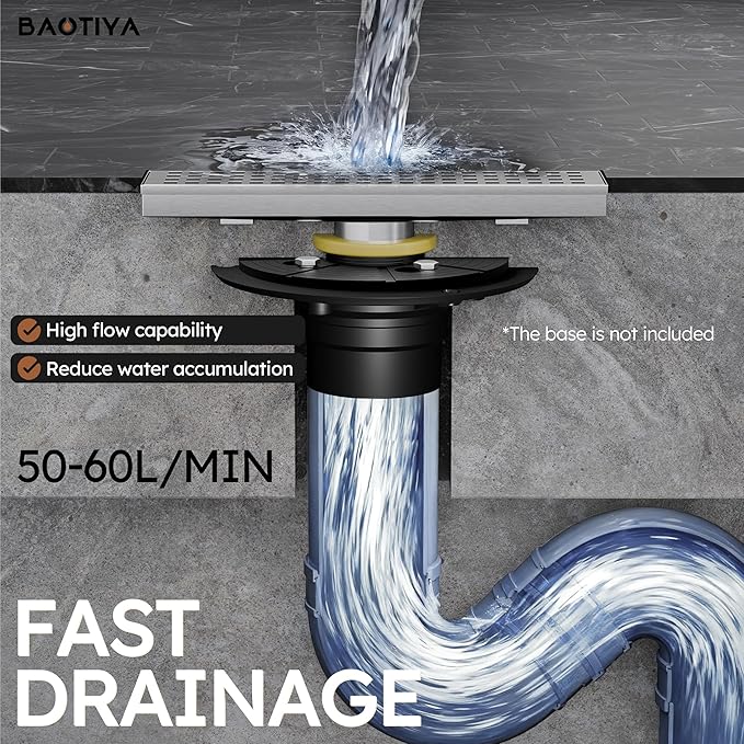 Linear Shower Drain 12 Inch, Modern Rectangle Shower Floor Drain with Removable Quadrato Pattern Grate, Stainless Steel SUS 304, Linear Drain with Leveling Feet& Hair Strainer