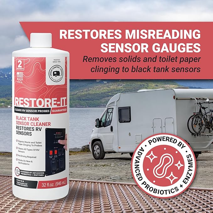 Unique Restore-It RV Sensor Cleaner Liquid - Cleans and Restores Misreading Sensor Probes by Removing Stuck-On Waste in Black Tanks - 2 Treatments Per Bottle (32 oz, 2-Pack)