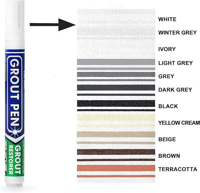 Grout Pen Tile Paint Marker: Waterproof Grout Colorant and Sealer Pen to Renew, Repair, and Refresh Tile Grout - Cleaner Coating Stain Pens - 2 Pack, 15mm Wide Winter Grey and 5mm Narrow White Tip