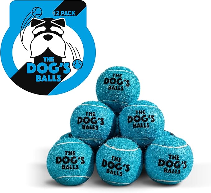 The Dog's Balls Dog Tennis Balls for Dogs, Blue, 12-Pack - Non-Abrasive Felt Fetch Balls, Tough Rubber Core, Float in Water, Fits Standard Launchers