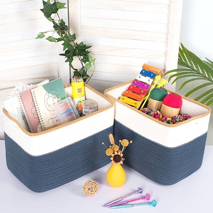 MINTWOOD Design Storage Basket for Shelves, Decorative Baskets for Organizing, Book Basket, Storage Cube Bin Box, Woven Closet Organizer, Pantry Closet and Shoe Basket, Prussian Blue