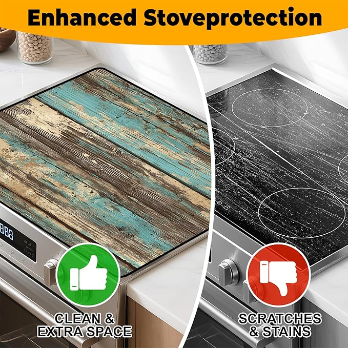 Stove Top Cover for Home Decoration Kitchen Pad Washable Cooktop Covers Countertop Stove Protector Mat for Home Kitchen Cooktops (Blue wood, 28"x20")