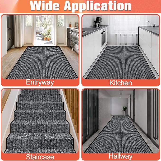 MYFAMIREA Commercial Floor Mat 2' x 6' Extra Large Front Door Industrial Rug Heavy Duty Brush Step Entrance Mat Weather Utility Rug with Non Slip Rubber Backing Low Profile for Entryway, Charcoal Grey