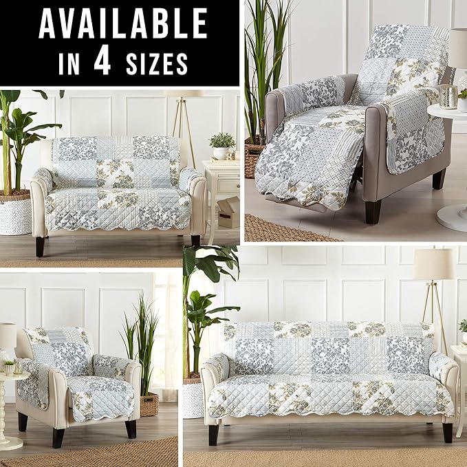 Great Bay Home Reversible Patchwork Loveseat Cover - Washable Slipcover Furniture Protector with Elastic Straps - Couch Cover for Dogs, Kids, and Pets - Box-Stitched Detail (Loveseat, Grey)
