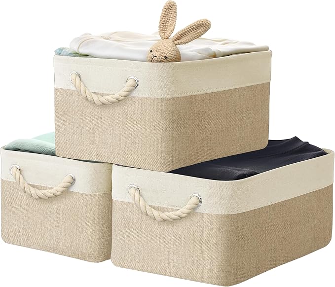 Simple Houseware Large Fabric Storage Bin, 15.7" x 12" with Braided Handles, 3 Pack, Beige