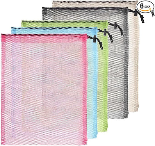 6 Pcs 11 x 15 Inch Nylon Mesh Drawstring Laundry Bags, Mesh Stuff Sacks with Cord Lock Closure, Breathable, Large Capacity, Multicolor for Travel, Gym, Home