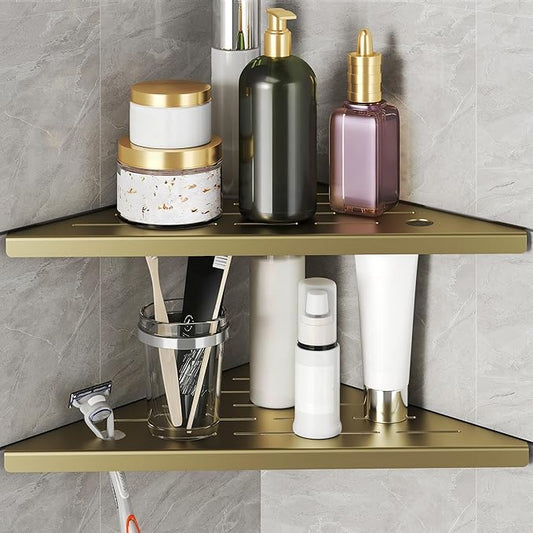 2 Pack Gold Corner Shower Shelves, 304 Stainless Steel Corner Wall Mounted Bathroom Organizer Caddy with Razor Slot, 10’’ Rust-Proof Floating Shelf for Shower Storage (Fits 90° Tile Walls,Holds 15lbs)