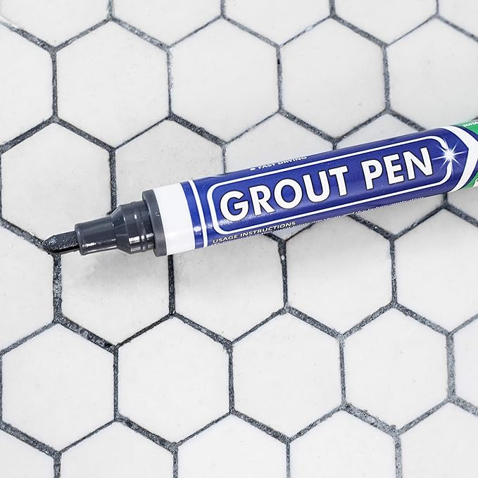 Grout Pen Tile Paint Marker: Dark Grey Narrow 5mm with 5 Pack Replacement Tips - Waterproof Grout Colorant and Sealer Pen to Renew, Repair, and Refresh Tile Grout - Cleaner Coating Stain Pens