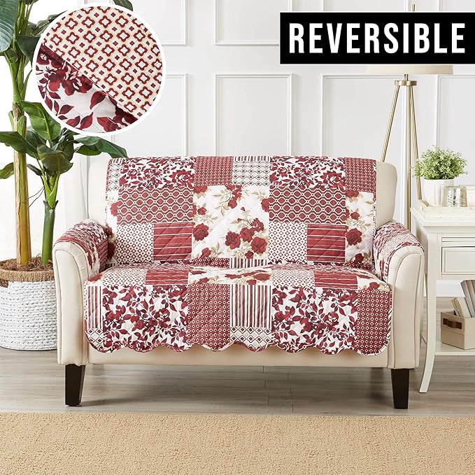 Great Bay Home Reversible Patchwork Loveseat Cover - Washable Slipcover Furniture Protector with Elastic Straps - Couch Cover for Dogs, Kids, and Pets - Box-Stitched Detail (Loveseat, Burgundy)