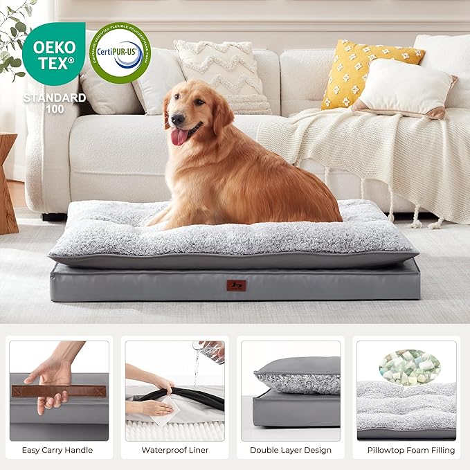 Washable Dog Bed for Medium Large Size Dog, Plush Pillow Pet Bed with Leather Egg-Crate Foam Base, Waterproof Kennel Bed with Removable Cover, 55" x 42" Comfort Cushion Bed, Dark Grey