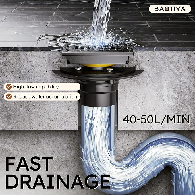 6 Inch Square Black Shower Drain with Flange, Modern Floor Drain with Quadrato Pattern Grate Removable,SUS 304 Stainless Steel