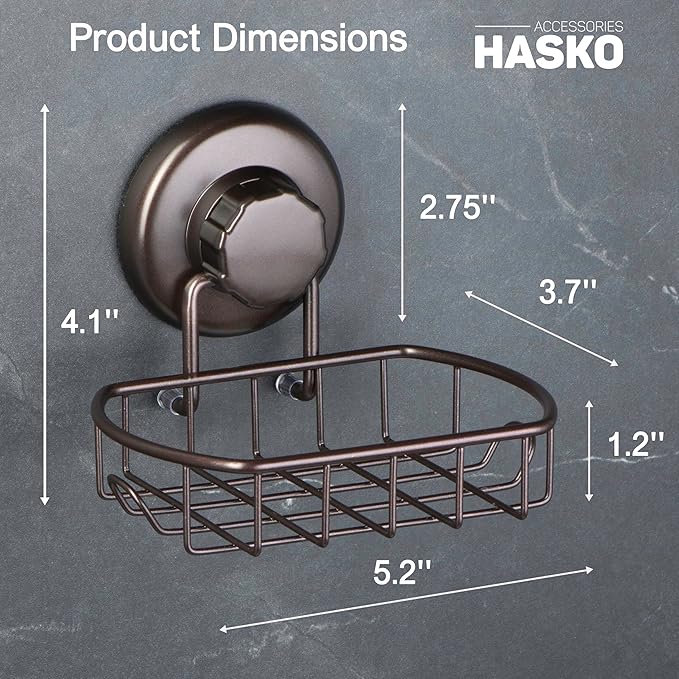HASKO 2 Pack Suction Cup Soap Dish for Shower Wall, Rustproof Stainless Steel, Shower Soap Holder with Hooks, Includes Optional No Drill Adhesive Mount for Bathroom, 2 Soap Savers, Bronze