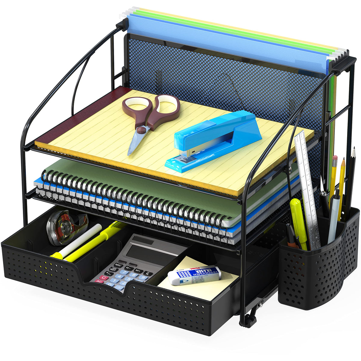 Simple Houseware 3-Tier Desk Organizer with Sliding Drawer, Black - Image 1