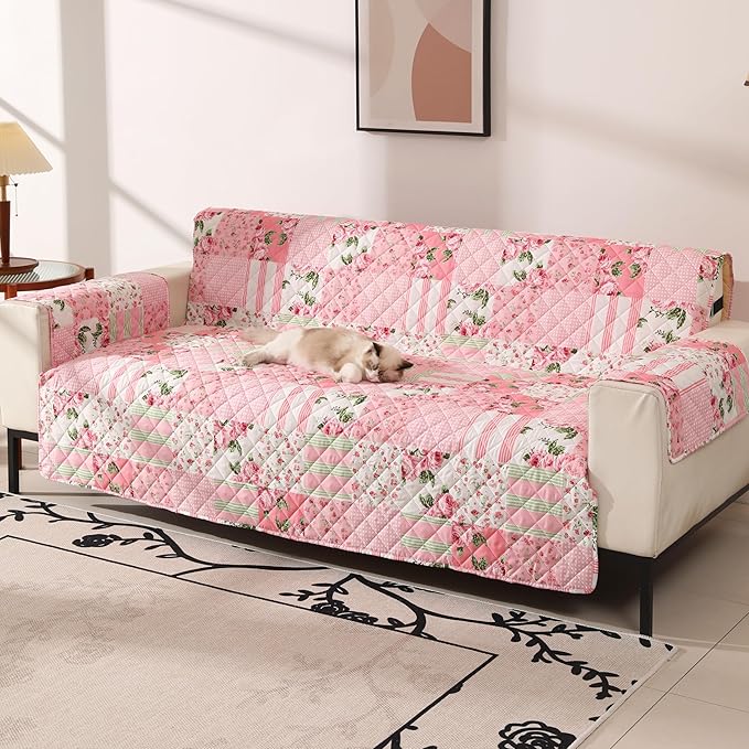 Skidproof Sofa Cover-Floral Sofa Slipcover with Elastic Straps-Easy Fit Slip Cover-Washable Furniture Protector for Pets and Kids(Sofa,Pink)