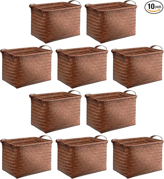 BROWNLILY Handwoven Clothes Basket Laundry Hampers Large Wicker Storage Baskets for Shelves Blankets Closet Storage Bins Car Bedroom Bathroom Organizers and Storage Bath (Pack of 10, Brown)